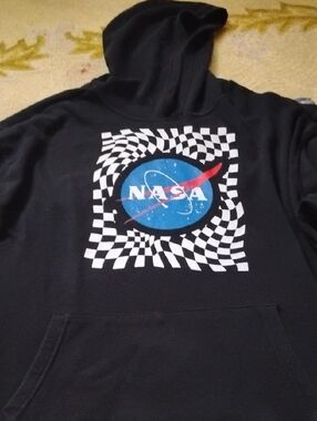 Men's NASA Black Vintage XL Graphic Hoodie with Checkerboard Emblem Space